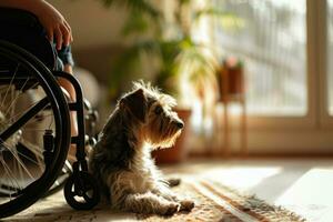 AI generated Disabled teenage boy in wheelchair with dog at home photo