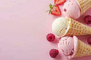 AI generated Vegan ice cream cones on colored background photo