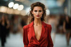 AI generated Female fashion model on catwalk event. Generative AI photo