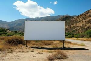 AI generated Big billboard with empty white screen standing in the valley photo