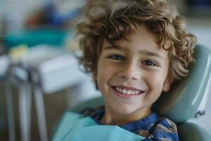 AI generated Photo of smiling boy in dental chair, visit to the dentist