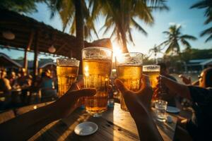 AI generated Hands hold glasses of beer against tropical sea beach photo