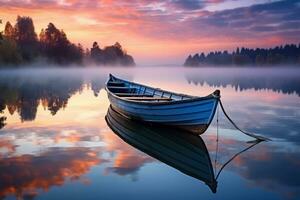 ai generado solitario de madera barco en lago con reflexiones en agua a amanecer foto