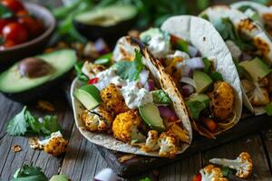 AI generated Vegetarian tacos on wooden table photo