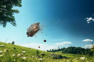 AI generated Falling meteorite over meadow with green grass photo