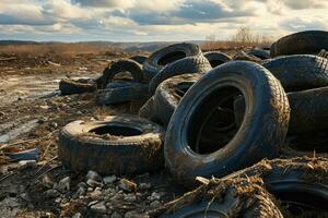 AI generated A big pile of worn-out tires in a landfill photo