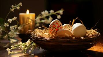 AI generated Easter eggs in a basket on a wooden table with a candle photo