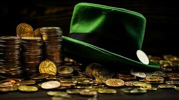ai generado S t. patrick's día antecedentes con verde duende sombrero y monedas foto