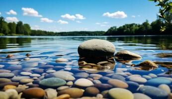 ai generado guijarros en el agua en un antecedentes de azul cielo con nubes foto