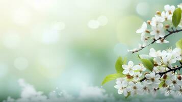 AI generated Spring blooming branch with white flowers on blue bokeh background photo