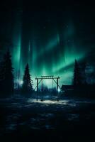 AI generated Northern lights in winter forest. Aurora borealis, northern lights. photo