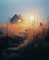 AI generated Beautiful rural landscape with old wooden house in foggy field at sunrise photo