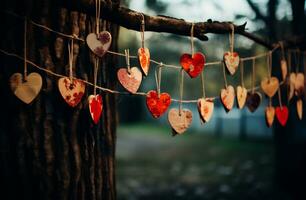 ai generado San Valentín día antecedentes con corazones colgando en un árbol en el bosque foto