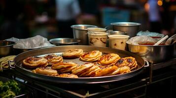 ai generado panqueques en un fritura pan en un calle comida mercado. foto