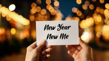 AI generated Closeup on businessman holding card with text New Year New Me with blurred background photo
