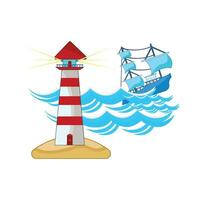 boat in sea with mercusuar in beach illustration vector