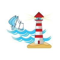 boat in sea with mercusuar in beach illustration vector