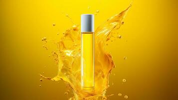 AI generated Cosmetic bottle with yellow liquid splash on yellow background. Top view photo