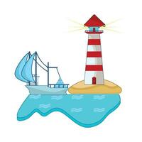 boat in sea with mercusuar in beach illustration vector