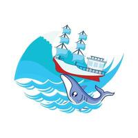 whale with boat in sea illustration vector