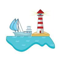 boat in sea with mercusuar in beach illustration vector