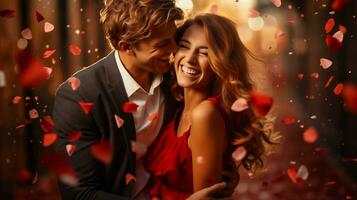 AI generated Beautiful young couple in love is hugging and smiling while standing under falling petals photo