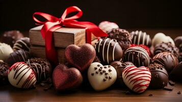 AI generated Box of assorted chocolates in heart shaped box on wooden background photo