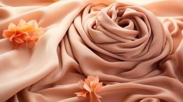 ai generado cerca arriba de un rosado satín tela textura antecedentes con flores foto
