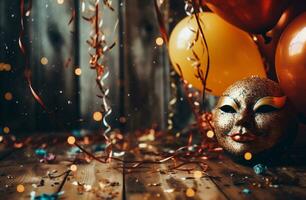 AI generated Golden carnival mask and balloons on wooden background. Carnival decoration. photo