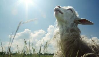 AI generated sheeps in a row on blue sky background photo