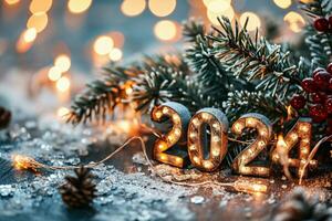 AI generated New year and christmas background. Festive decoration with bokeh lights. photo