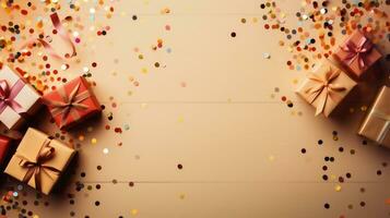 AI generated Gift boxes and confetti on wooden background. Top view with copy space photo