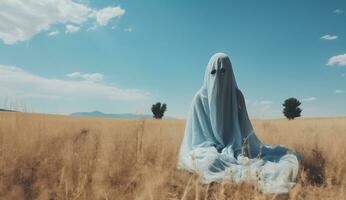 AI generated Ghost in a wheat field with blue sky background. Halloween concept. photo