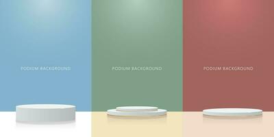Set of white cylinder pedestal podium display with pastel minimal blue, green and red backdrop wall scene. Empty room background, Studio room vector