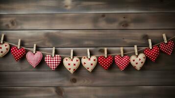 ai generado San Valentín día corazones colgando en tendedero en de madera antecedentes foto