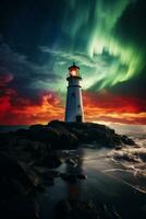 AI generated Aurora borealis over a lighthouse at sunset. Northern lights. photo