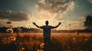 AI generated Man in wheat field with raised hands at sunset. Concept of freedom and happiness. photo