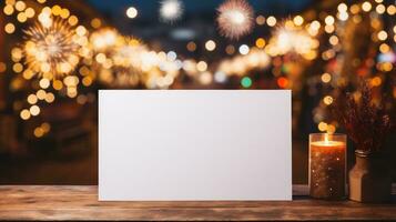 AI generated Blank paper card on wooden table with bokeh lights background photo
