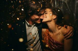 AI generated Beautiful young couple in love kissing under falling confetti on black background photo