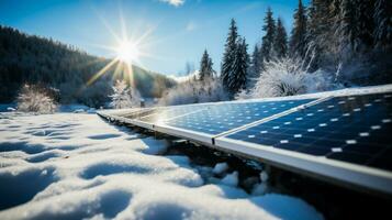 AI generated Solar panels on the field in winter. Photovoltaic modules for innovation green energy. photo