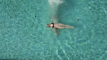 uomo immersioni in il piscina mentre donna nuota. lento movimento, superiore Visualizza video