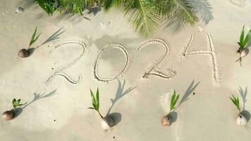 2024 written on the white sand on tropical beach video