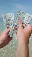 Hands counting US dollars on tropical beach. Close up video