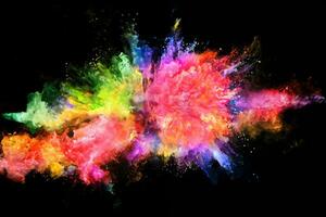 abstract colored dust explosion on a black background.abstract powder splatted background,Freeze motion of color powder exploding and throwing color powder, multicolored glitter texture. photo