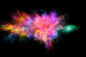 abstract colored dust explosion on a black background.abstract powder splatted background,Freeze motion of color powder exploding and throwing color powder, multicolored glitter texture. photo