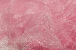 Pink tulle fabric texture top view. Coral background. Fashion color trends feminine tutu skirt flat lay for female blog. photo