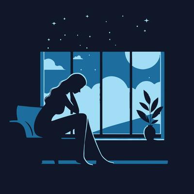 Sad woman sitting on the windowsill at night. Vector illustration.