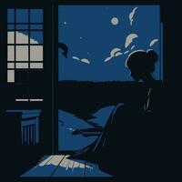 A girl looks out of the window at the moonlight. Vector illustration