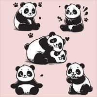 set of cute cartoon panda in different poses on a pink background vector