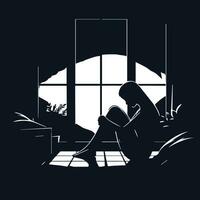 Silhouette of a woman praying at home. Vector illustration